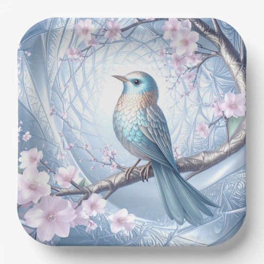 Blue Bird Floral Paper Plate Papieren Bordje (Voorkant)