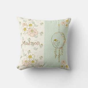 Blue Bird Girl Floral Rustic Name Nursery Kussen