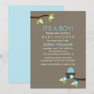 Blue Bird Nest and Blossom Boy Baby shower Kaart
