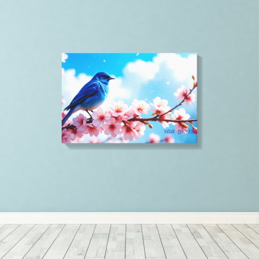 Blue Bird on Cherry Blossom Branch Canvas Afdruk (Insitu (Houten vloer))