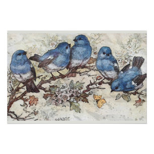 Blue Bird op tak vlinder  Natuur kunst Perfect Poster