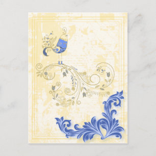 Blue Bird Retro Floral Fine Art Briefkaart