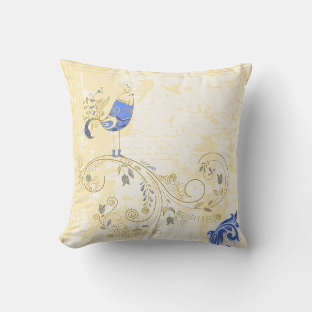 Blue Bird Retro Floral Fine Art Kussen (Voorkant)