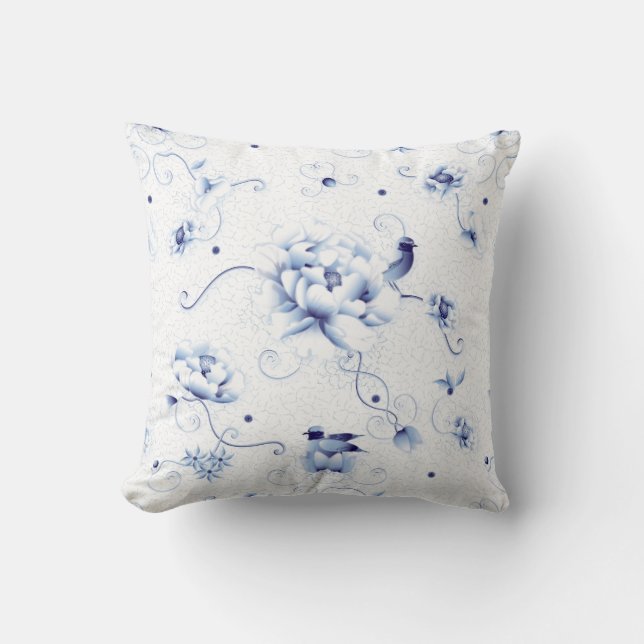 Blue Bird Roos Chinoiserie Floral Kussen (Voorkant)