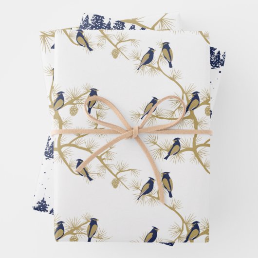Blue Bird Winter Gold Pattern Inpakpapier Vel (In situ)