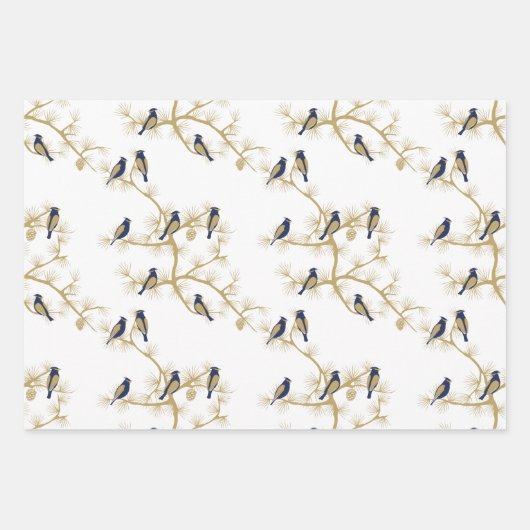 Blue Bird Winter Gold Pattern Inpakpapier Vel (Voorkant)