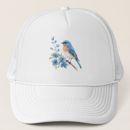 Blue bird with blue flowers trucker pet (Voorkant)