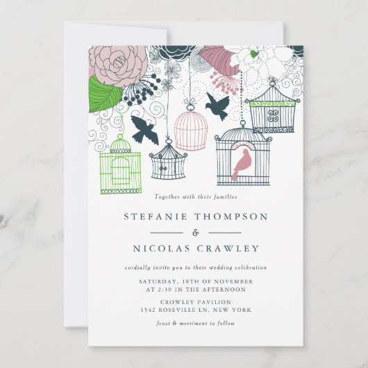 Blue Birdcages Floral Wedding Invitation Kaart (Voorkant)