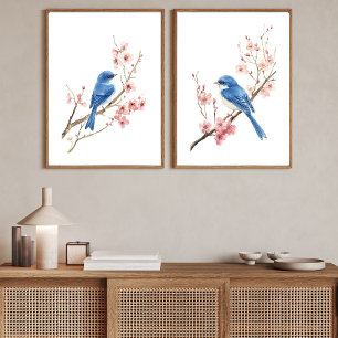 Blue Birds Cherry Blossoms Waterverf Muurkunst Muurkunst Sets
