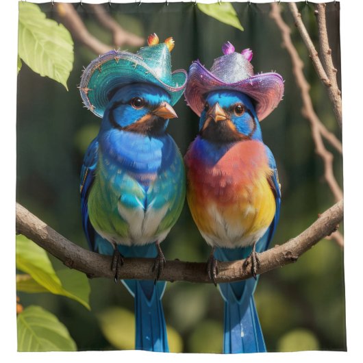 Blue Birds met Sparkly Cowboy Petten Douchegordijn (Voorkant)