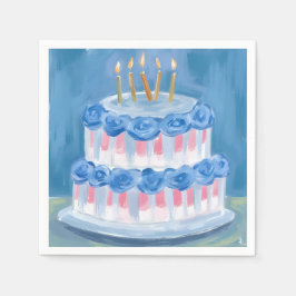 Blue Birthday Cake Watercolor Celebration Party Servet