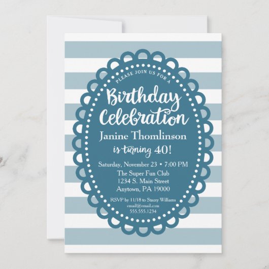 Blue Birthday Invitation Cute Wide Stripe Adult Kaart (Voorkant)
