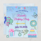 Blue  Birthday Invitation Kaart (Voorkant / Achterkant)