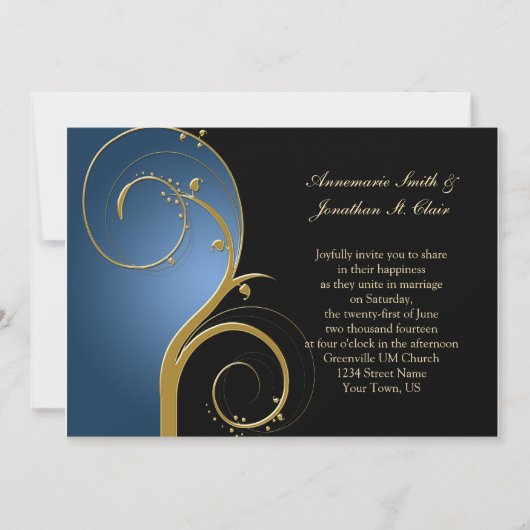 Blue Black and Gold Wedding Invitation Kaart (Voorkant)