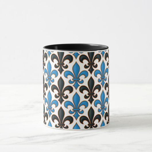 Blue Black Baroque Fleur-de-lis Pattern Design  Mok (Midden)