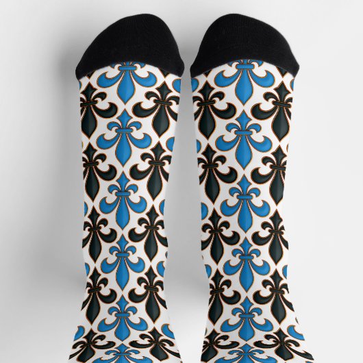 Blue Black Baroque Fleur-de-lis Pattern Design  Sokken (Top)