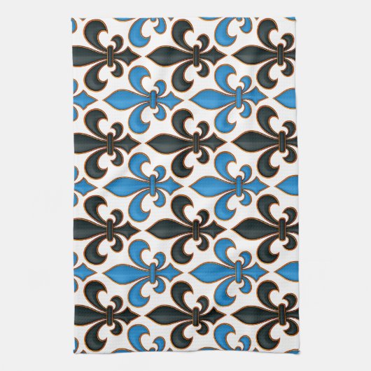 Blue Black Baroque Fleur-de-lis Pattern Design Theedoek (Verticaal)
