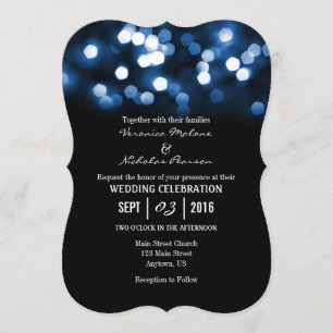 Blue Black Bokeh Glitter Lights Wedding Invites Kaart