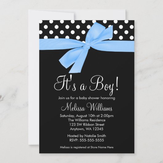 Blue Black Bow Polka Dot Baby Shower-uitnodigingen Kaart (Voorkant)