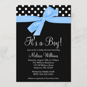 Blue Black Bow Polka Dot Baby Shower-uitnodigingen Kaart