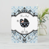 Blue Black Damask Baby Boy Shower Invitations (Debout devant)