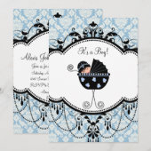Blue Black Damask Baby Boy Shower Invitations (Devant / Derrière)