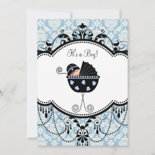 Blue Black Damask Baby Boy Shower Invitations