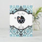 Blue Black Damask Baby Boy Shower Invitations (Debout devant)