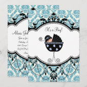 Blue Black Damask Baby Boy Shower Invitations (Devant / Derrière)