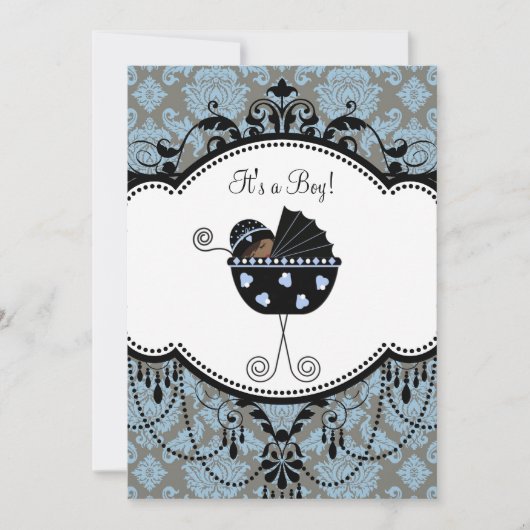 Blue Black Damask Baby Boy Shower Invitations (Devant)