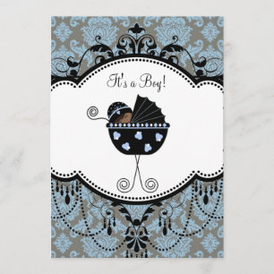 Blue Black Damask Baby Boy Shower Invitations