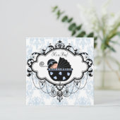 Blue Black Damask Baby Boy Shower Invitations (Debout devant)