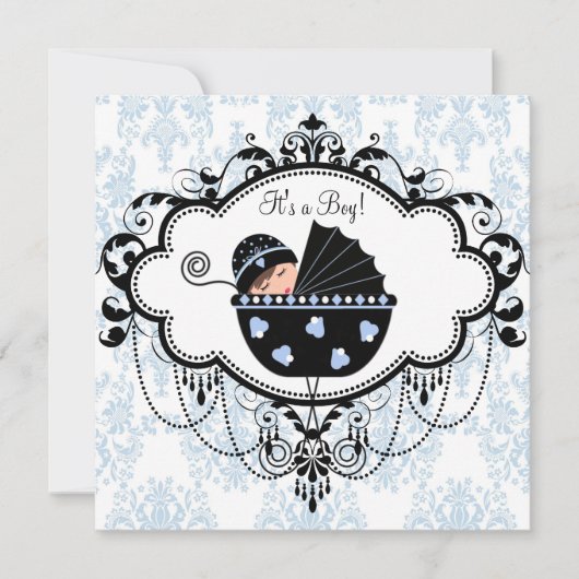 Blue Black Damask Baby Boy Shower Invitations (Devant)