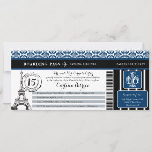 Blue Black Damask Quinceanera Paris Boarding Pass Kaart