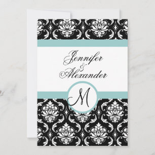 Blue Black Damask Wedding Monogram Uitnodiging
