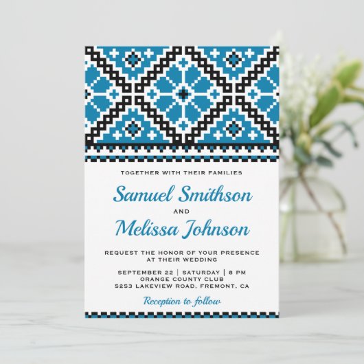 Blue Black Embroidery Ukraine Wedding Kaart (Staand voorkant)