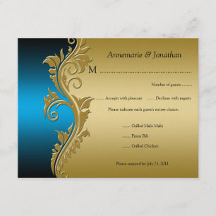  Blue Black en Gold Floral RSVP Kaartje