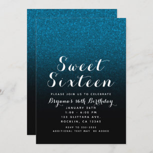 Blue & Black Glitter Sparkle Glam Sweet 16 Party Kaart