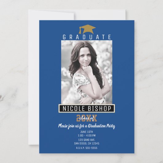 Blue Black Gold Modern Afstuderen Foto Party Kaart (Voorkant)