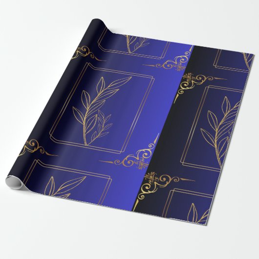 Blue&Black Gradient Golden Lijst Patterned Cadeaupapier (Uitgerold)