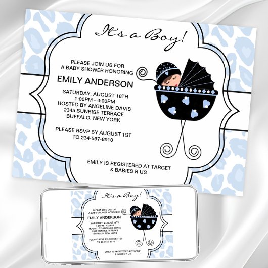 Blue Black Leopard Baby Boy Shower Invitations