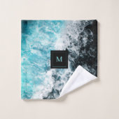 Blue Black Ocean Waves Hawaii Monogram Bad Handdoek (Wasdoekje)