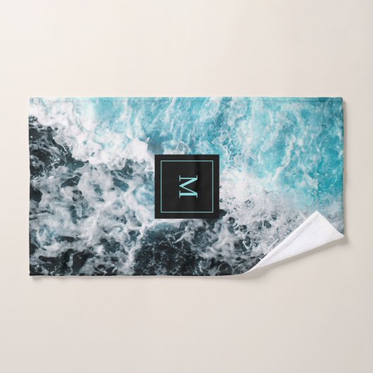 Blue Black Ocean Waves Hawaii Monogram Bad Handdoek (Handdoek)