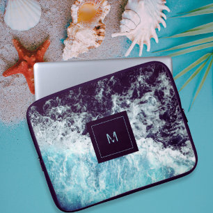 Blue Black Ocean Waves Hawaii Monogram Laptop Sleeve