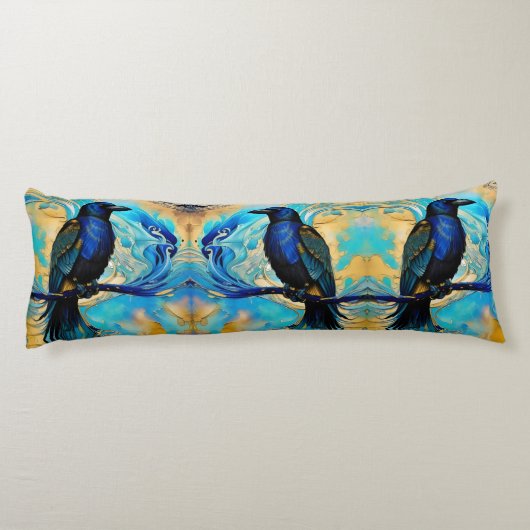 Blue Black Raven, blue and gold abstract Lichaamskussen (Achterkant)