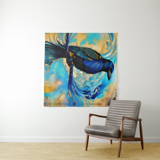 Blue Black Raven op blauw en abstract goud Wandkleed (In Situ (horizontaal))