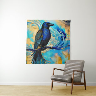 Blue Black Raven op blauw en abstract goud Wandkleed