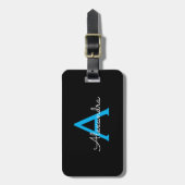 Blue Black Script Girly Monogram Name Bagagelabel (Voorkant verticaal)