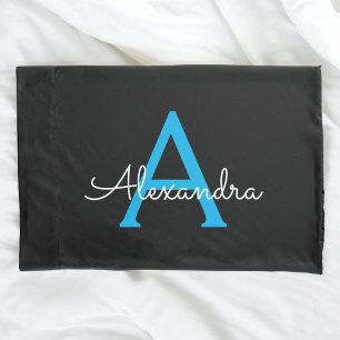 Blue Black Script Girly Monogram Name Kussensloop