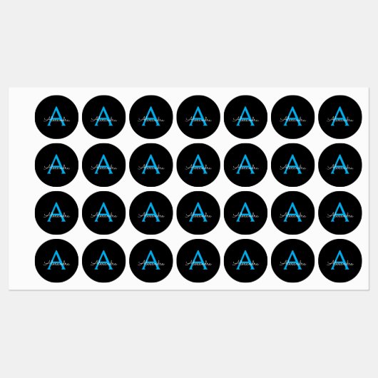 Blue Black Script Girly Monogram Name Labels (Vel)